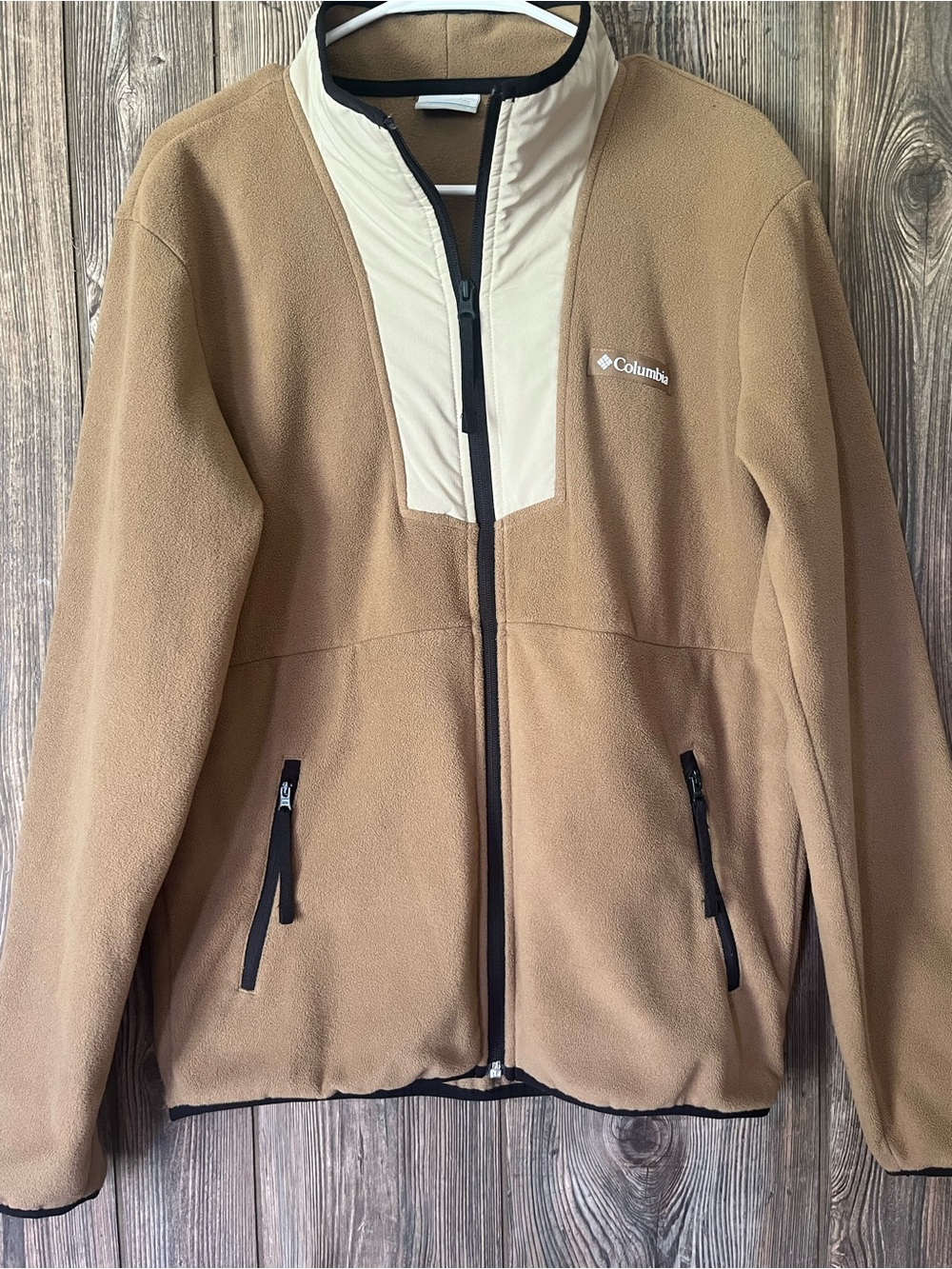 Columbia Men's Small Tan Fleece Jacket with Cream Chest Panel